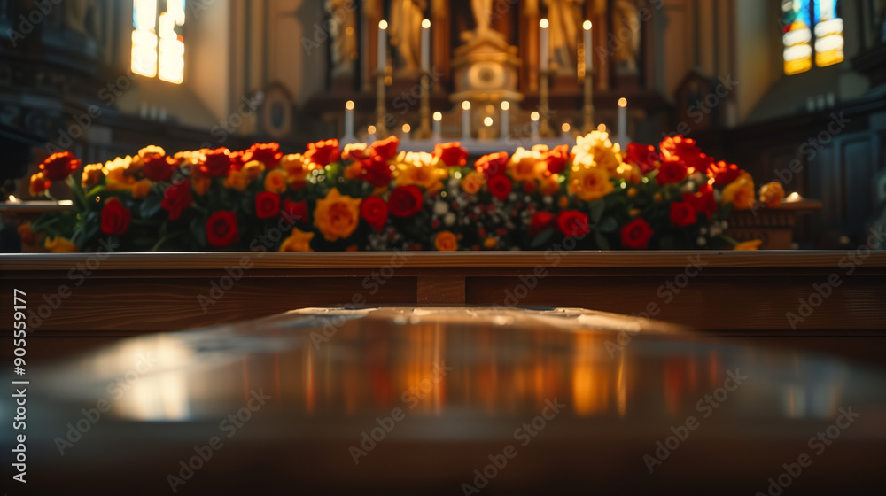 closed coffin at a funeral service, surrounded by flowers, candles, beautiful casket cermony, blurred light background closed coffin at a funeral service, surrounded by flowers, candles, beautiful casket cermony, blurred light background