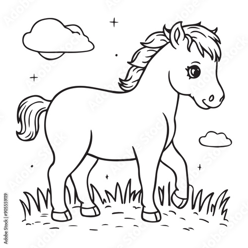 A black and white drawing of a horse with white background