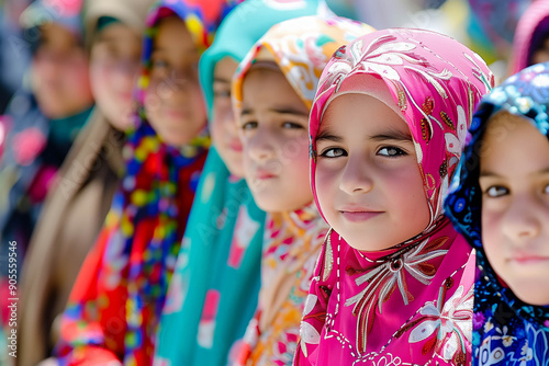 Eid al-Fitr celebrations, with children dressed in their finest clothes, colorful bazaars bustling with activity, and streets adorned with festive lights and decorations as Muslims ending Ramadan photo