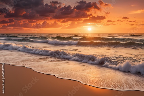 A beautiful sunset over the ocean, with waves gently crashing onto a sandy beach and the sky painted in warm hues