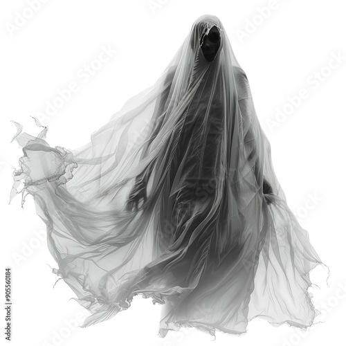 Ethereal ghostly figure draped in flowing white fabric on white background