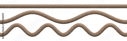 Natural ropes with transparent background. Various types, straight and wavy. Realistic 3D render.