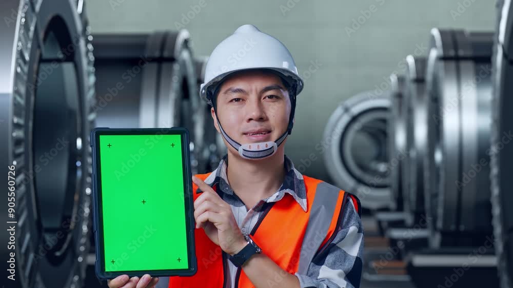 Close Up Of Asian Male Engineer With Safety Helmet Smiling And Showing Green Screen Tablet To The Camera While Standing In Metal Factory Close Up Of Asian Male Engineer With Safety Helmet Smiling And Showing Green Screen Tablet To The Camera While Standing In Metal Factory