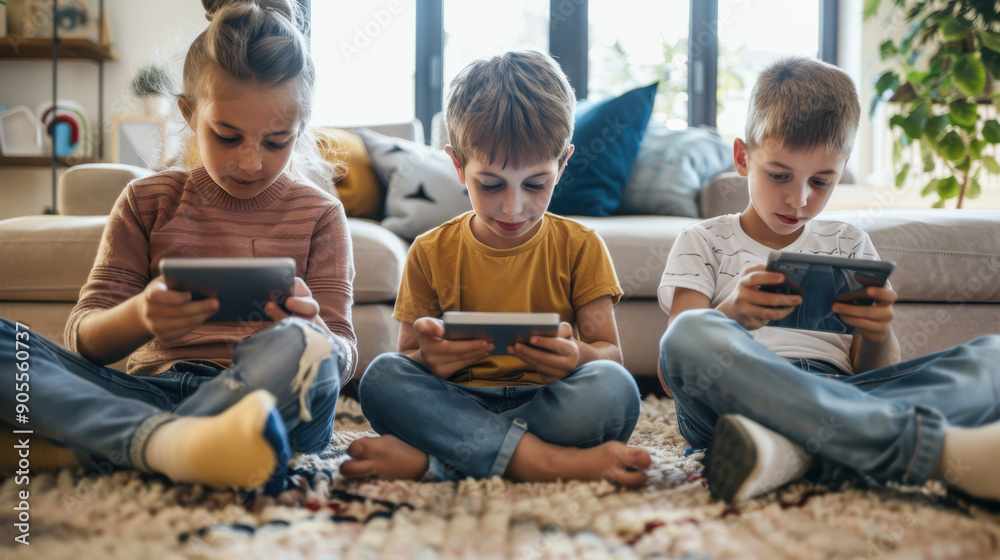 Children in an apartment, happily typing on a tablet and interacting with social media while sitting on the floor. Children in an apartment, happily typing on a tablet and interacting with social media while sitting on the floor.
