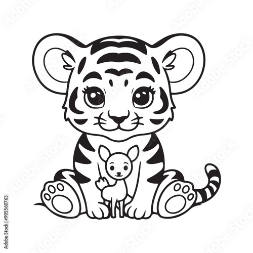 A black and white drawing of a tiger with white background