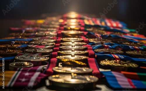 Military Medals: A close-up of various military medals and ribbons., veteran day