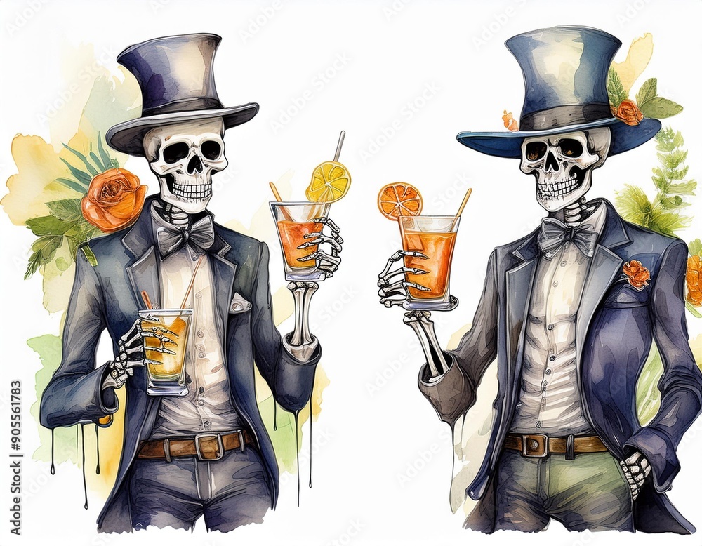 Obraz premium A human skeleton holding a cocktail. Halloween theme party