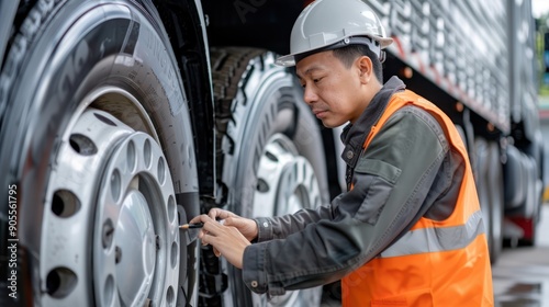 Asian male employee inspects truck tires, truck safety inspection