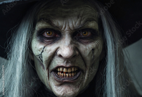 Frightening Witch with Piercing Eyes. Dark witch Halloween makeup and costume,