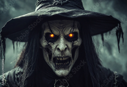 Frightening grim reaper with fiery eyes.  Dark warlock Halloween costume.