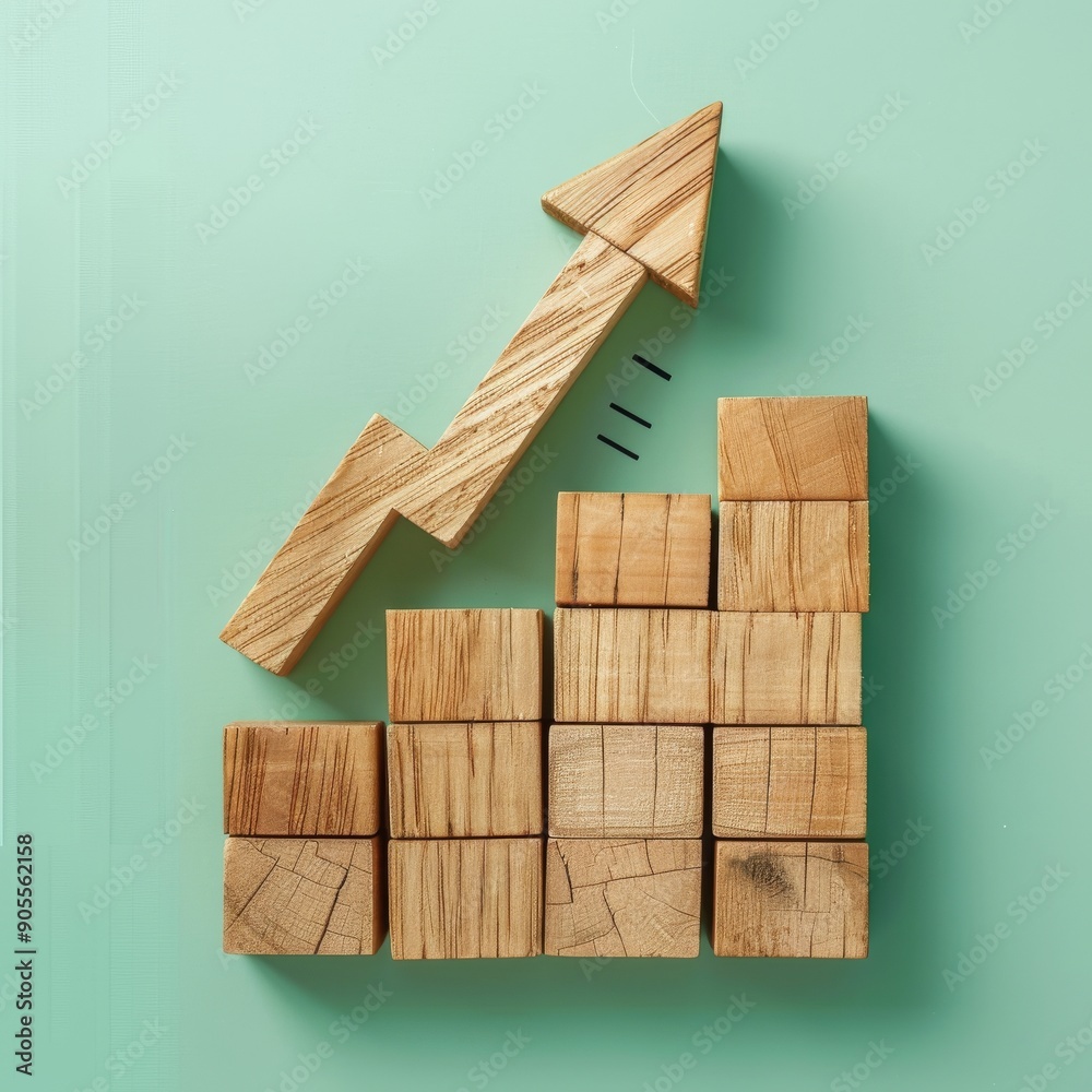 Wooden blocks arranged in a bar graph shape with an arrow pointing upwards, signifying growth and success. Wooden blocks arranged in a bar graph shape with an arrow pointing upwards, signifying growth and success.
