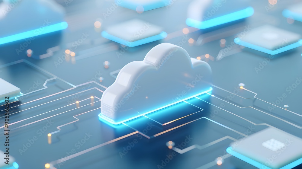 Naklejka premium Futuristic digital illustration of cloud computing, showcasing a network of glowing clouds and circuits symbolizing technology and data storage.