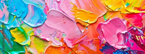 An abstract painting created with a palette knife featuring thick, multicolored paint strokes and dynamic textures.