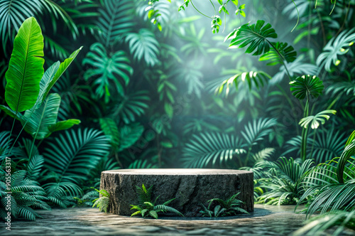 Podium rond en bois vide dans la forêt tropicale pour mockup photo