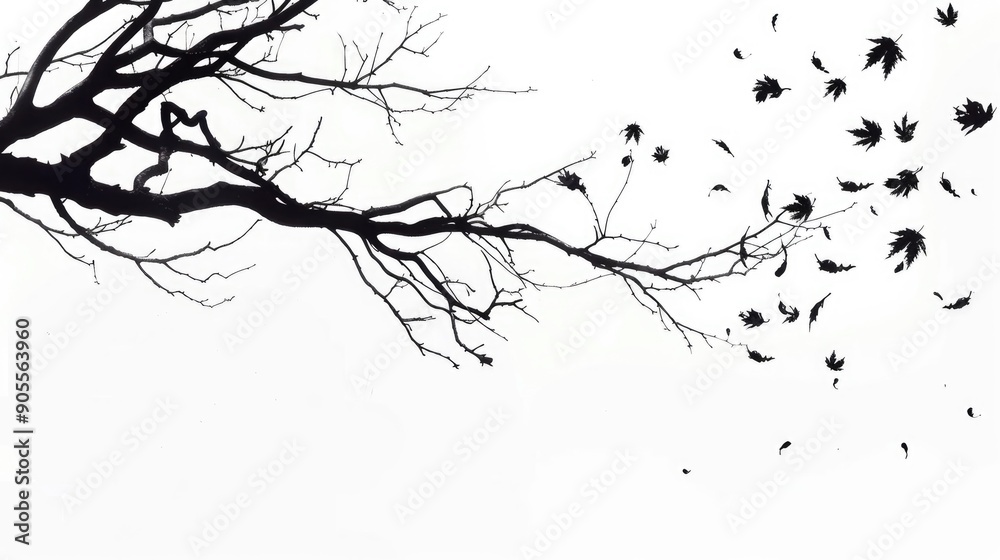 Fototapeta premium Silhouetted Tree Branch with Falling Leaves on White Background