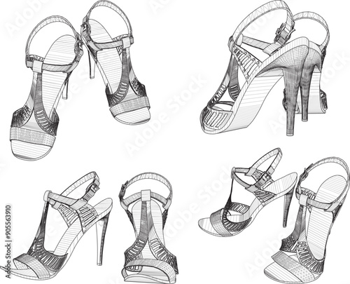 Vector sketch illustration design of women's fashion high heel sandals, luxury models for events