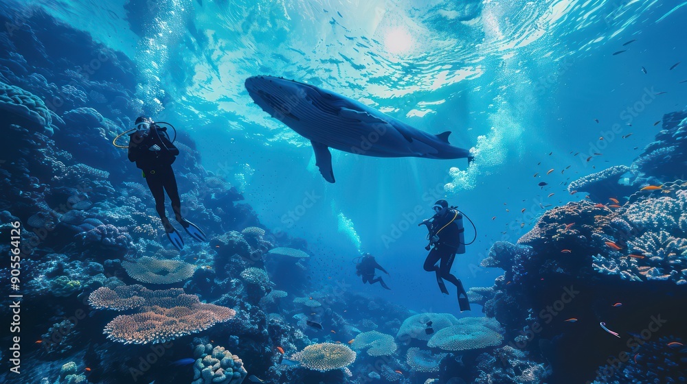 Fototapeta premium Group of students diving in the underwater coral reef sea with a large whale.