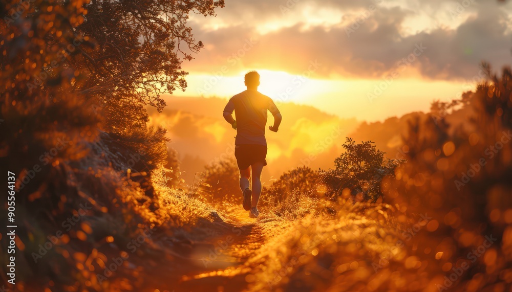 Man Running on a Trail at Sunrise in a Scenic Natural Landscape with Golden Light and Vibrant Colors Man Running on a Trail at Sunrise in a Scenic Natural Landscape with Golden Light and Vibrant Colors
