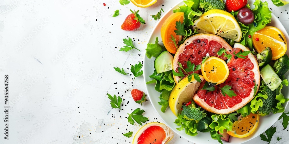 Fresh and Healthy Fruit and Vegetable Salad on a White Background with Copy Space, an Overhead View Celebrating Nutritious and Vibrant Meal Options Fresh and Healthy Fruit and Vegetable Salad on a White Background with Copy Space, an Overhead View Celebrating Nutritious and Vibrant Meal Options