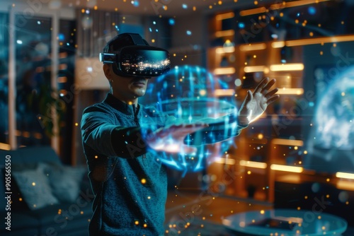 A man wearing a VR headset interacts with a holographic sphere, the room is lit by warm light and filled with glowing particles.