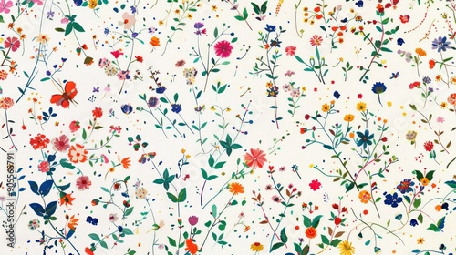 The pattern is made up of many small wildflowers and leaves all arranged in similar colours. In a vintage impressionist style on a white background