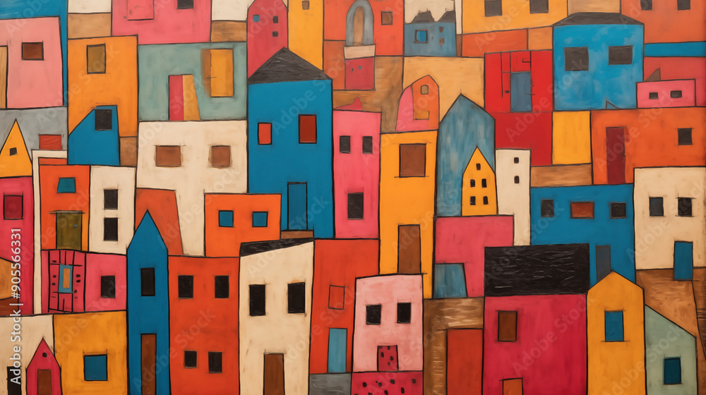 Vibrant naive landscape depicting colorful houses in a quaint village setting Vibrant naive landscape depicting colorful houses in a quaint village setting