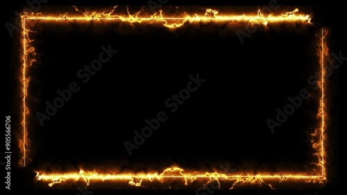 Fire neon light rectangle frame loop animated background. Burning neon lights frame box animation seamless loop, alpha channel. Fire line glowing rectangle border 4k video footage. 
