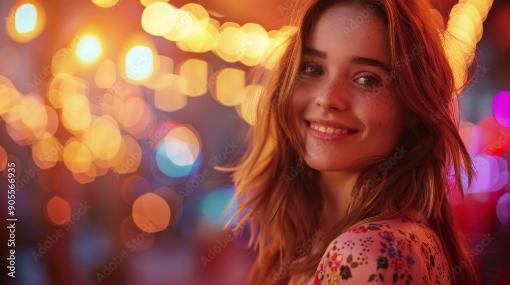 Naklejka premium Joyful Young Woman With Festive Bokeh Lights Background