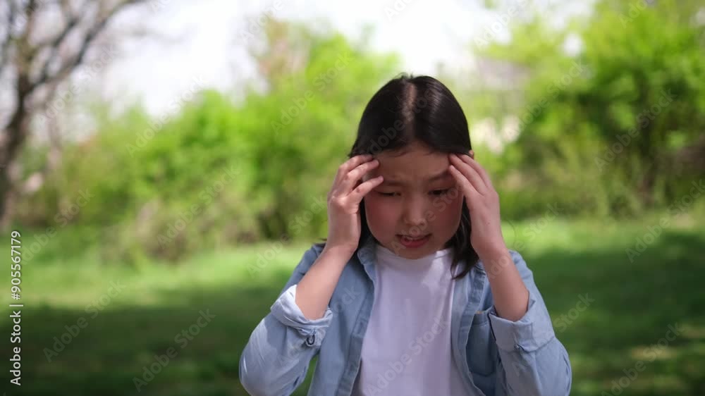 Asian girl in a light blue jacket and white shirt stands outdoors having fun in the park, with green grass and trees in the background Asian girl in a light blue jacket and white shirt stands outdoors having fun in the park, with green grass and trees in the background