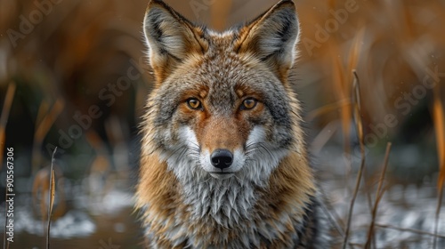 A Close-Up of a Wild Coyote Strolling Through a Marshy Area in Dusk Lighting