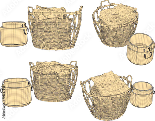 Vector sketch illustration of the design of an aesthetic laundry place made from vintage classic traditional ethnic bamboo