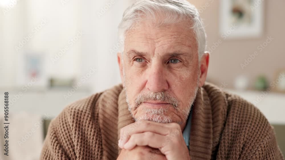 Senior, man and thinking on home sofa, apartment and daydreaming or vision for memories on couch. Retirement, pensioner and decision in calm house for thought, living room and hands together