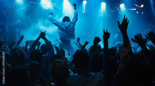 Wide shot capturing the vibrant energy of a 90s hip-hop concert, filled with enthusiastic fans
