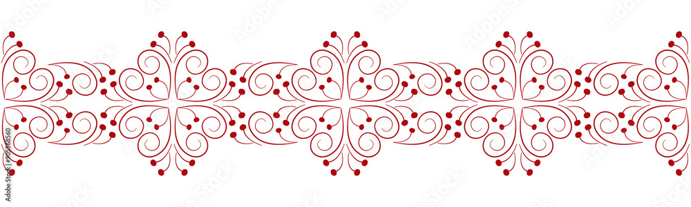Seamless border of curved lines. Red curls on a white background. Stylized branches with berries. Frost pattern on the window. Ethnic nordic style. Monochrome red decor for clothes, home, etc. Seamless border of curved lines. Red curls on a white background. Stylized branches with berries. Frost pattern on the window. Ethnic nordic style. Monochrome red decor for clothes, home, etc.
