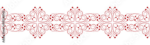 Seamless border of curved lines. Red curls on a white background. Stylized branches with berries. Frost pattern on the window. Ethnic nordic style. Monochrome red decor for clothes, home, etc.