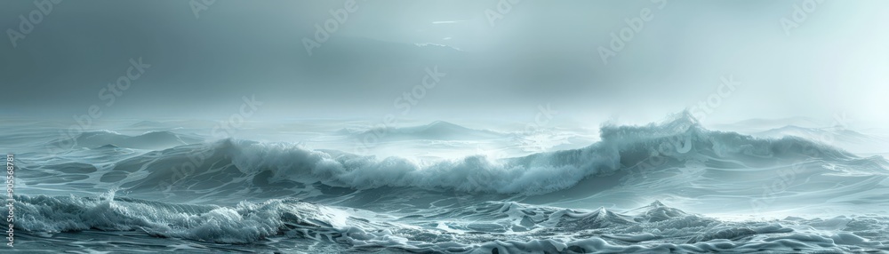 Serene Ocean Waves Under a Misty Sky - Tranquil Seascape with Gentle Waves and Soft Light Serene Ocean Waves Under a Misty Sky - Tranquil Seascape with Gentle Waves and Soft Light