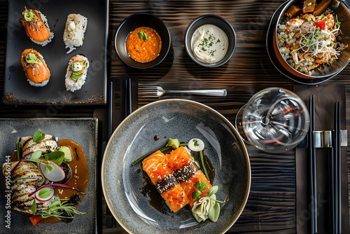 Creative fusion cuisine dishes on a restaurant table.