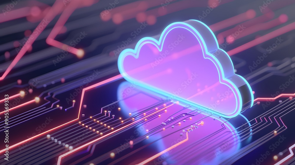 Neon glowing cloud icon on a digital circuit board representing cloud computing, data storage, and futuristic technology solutions. Neon glowing cloud icon on a digital circuit board representing cloud computing, data storage, and futuristic technology solutions.