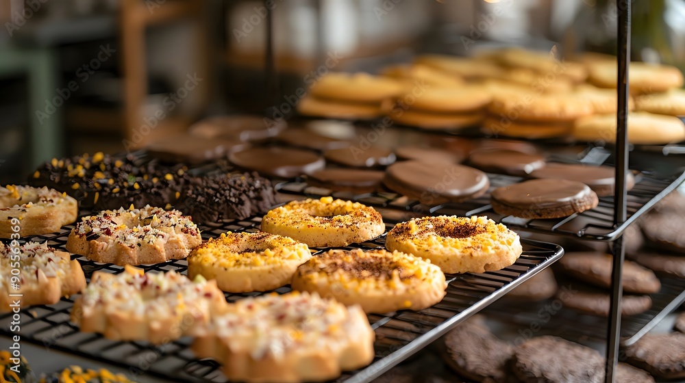 Freshly baked spicy cookies and pastries on a cooling rack. Freshly baked spicy cookies and pastries on a cooling rack.