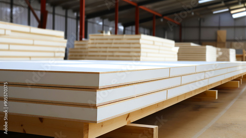 Structure Insulated Panels neatly stacked in warehouse or factory setting. This image showcases building materials, SIP, in commercial or logistics context