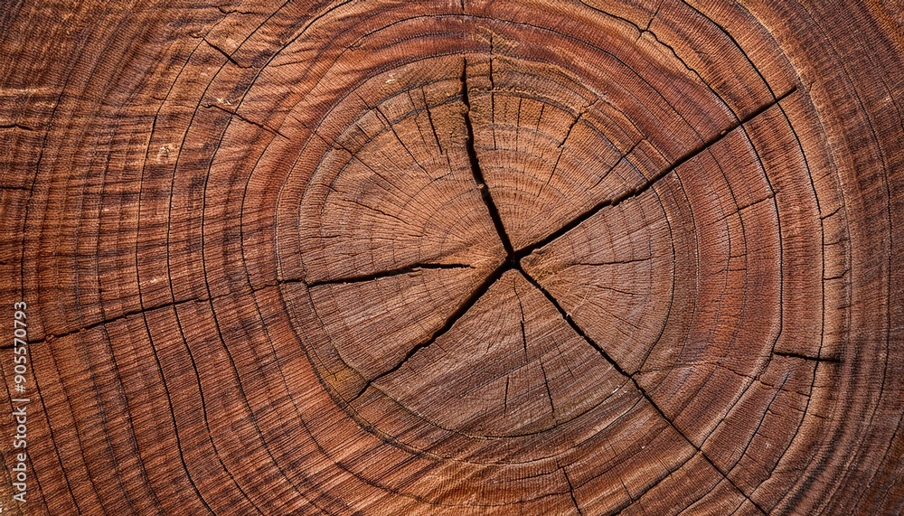 Naklejka premium Old wooden oak tree cut surface. Detailed warm dark brown and orange tones of a felled tree trunk or stump. Rough organic texture of tree rings with close up of end grain.