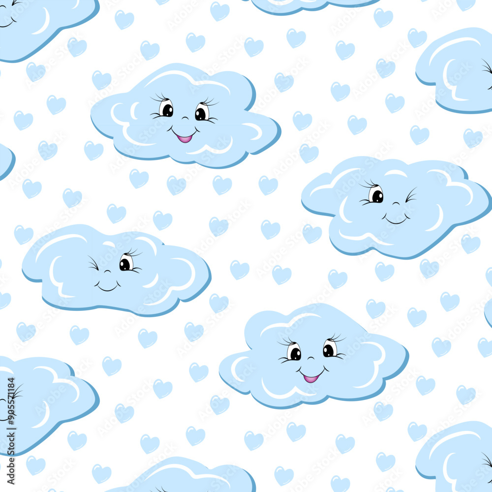 Cheerful clouds in a pattern.Vector pattern with cheerful clouds and heart drops on a transparent background. Cheerful clouds in a pattern.Vector pattern with cheerful clouds and heart drops on a transparent background.