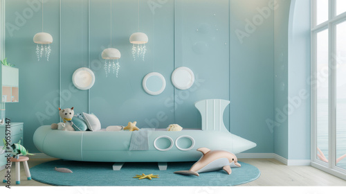 Charming ocean-themed children's bedroom with submarine bed, playful decor, and large window providing ample natural light.