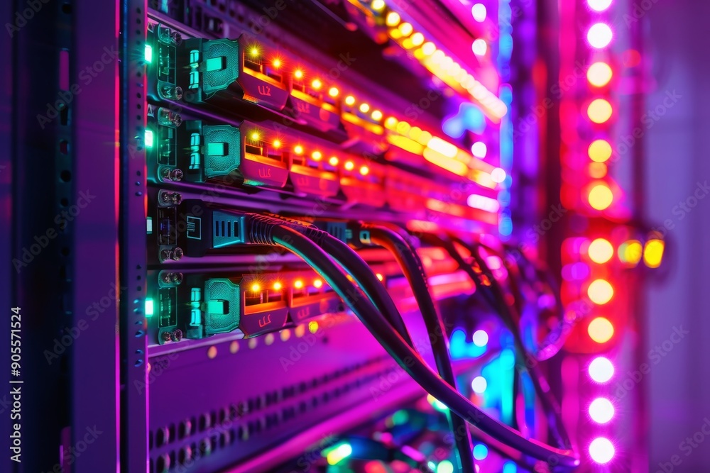 Fototapeta premium Close up of a network server with colorful lights and cables in neon colors