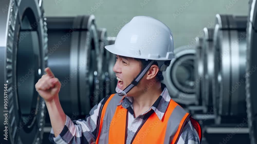 Close Up Side View Of Angry Asian Male Engineer With Safety Helmet Shouting At Someone While Standing In Metal Factory Close Up Side View Of Angry Asian Male Engineer With Safety Helmet Shouting At Someone While Standing In Metal Factory