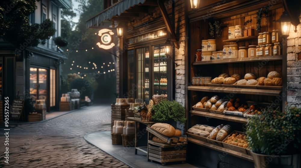 Fototapeta premium Charming bakery with fresh bread display in a cozy street setting, illuminated by warm lights during the evening.