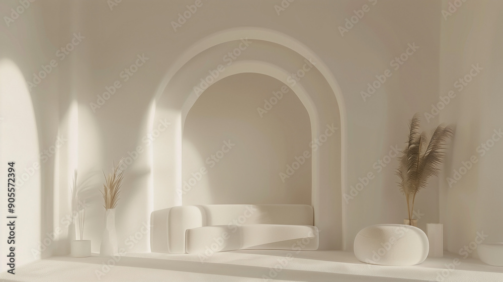 Modern minimalist interior with soft lighting and archway design Modern minimalist interior with soft lighting and archway design