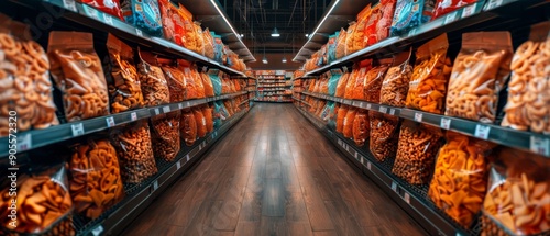 A well-stocked supermarket snack aisle filled with various chips and snacks on shelves under bright lighting. Perspective view along the aisle. photo