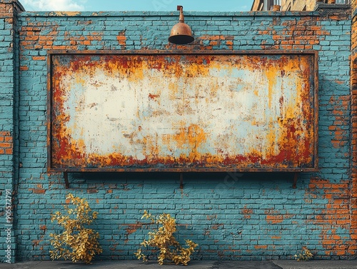 Rustic Urban Billboard on Weathered Blue Brick Wall with Vintage Lamp and Yellow Plants in Industrial Setting