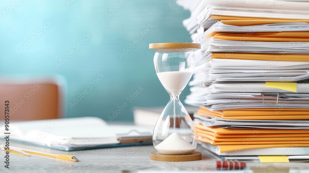 A stack of documents beside an hourglass symbolizes time management and the importance of organization in workspaces. A stack of documents beside an hourglass symbolizes time management and the importance of organization in workspaces.